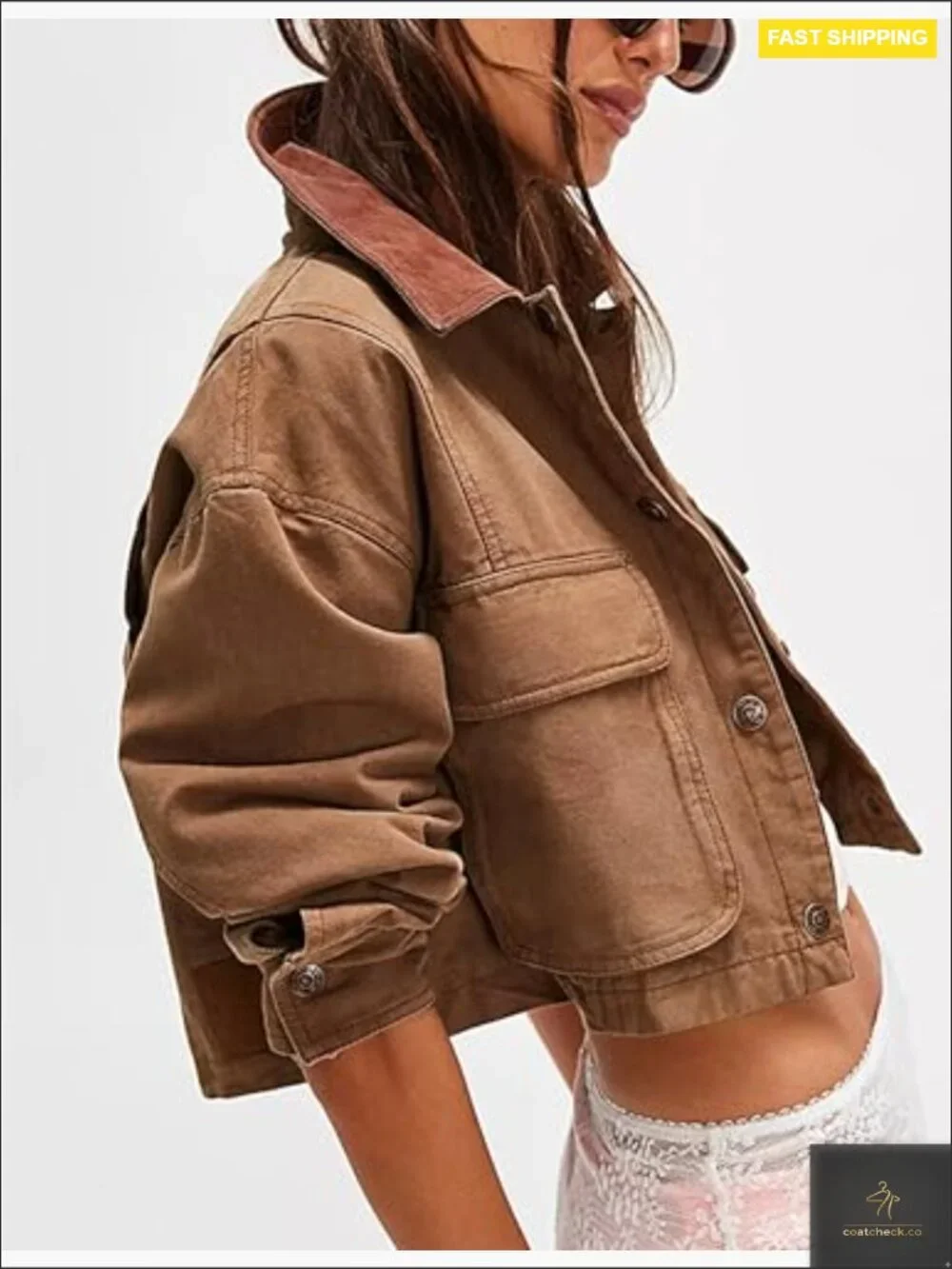 Cropped Barn Jacket Contrast Collar Long Sleeve Cotton Cargo Jacket with Pockets